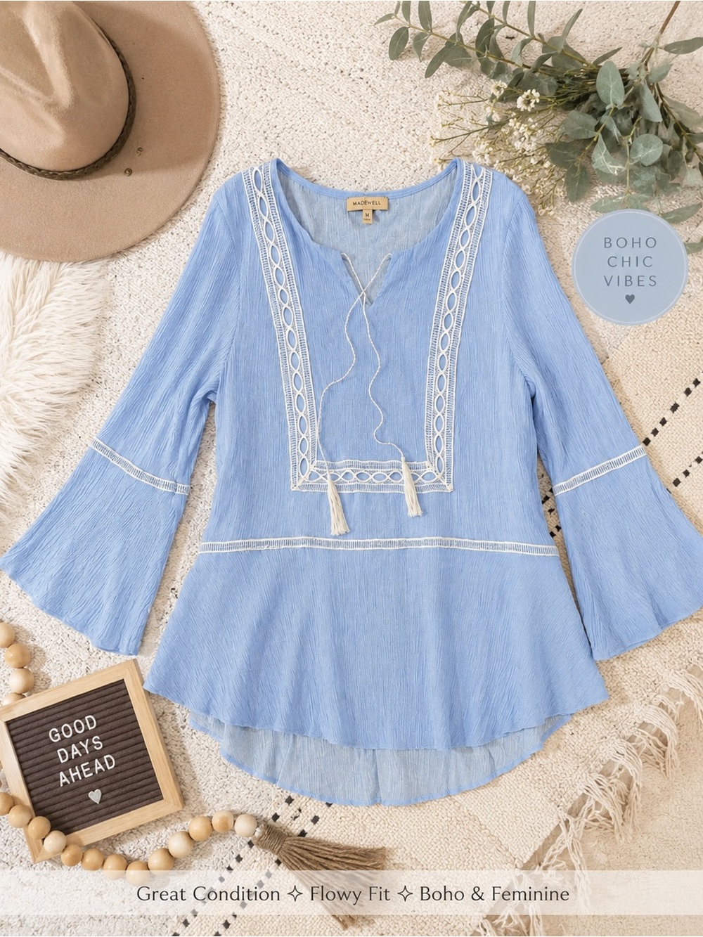 Gibson Latimer Light Blue Lace-Trim Boho Tunic